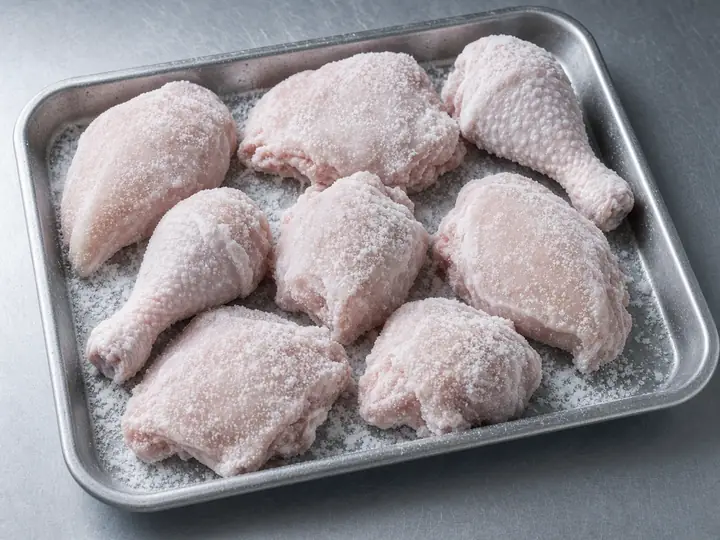 Frozen chicken portions on a steel tray