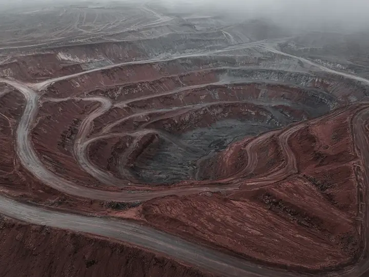 Aerial view of an open-pit iron ore mine