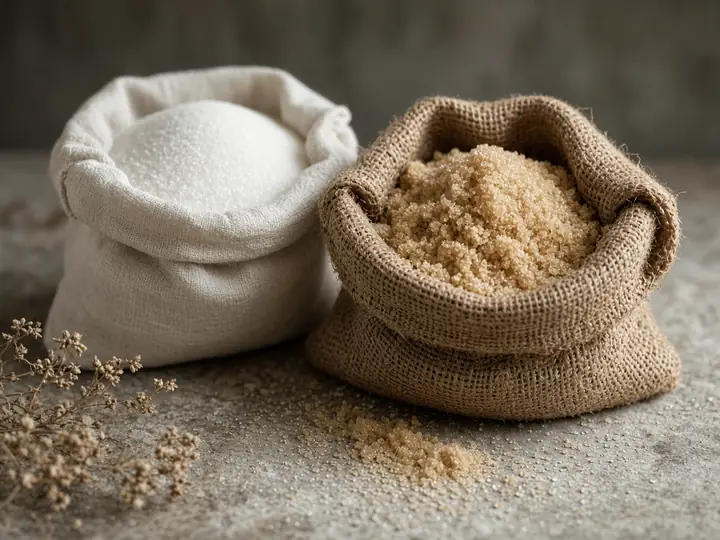 Raw and refined cane sugar in sacks